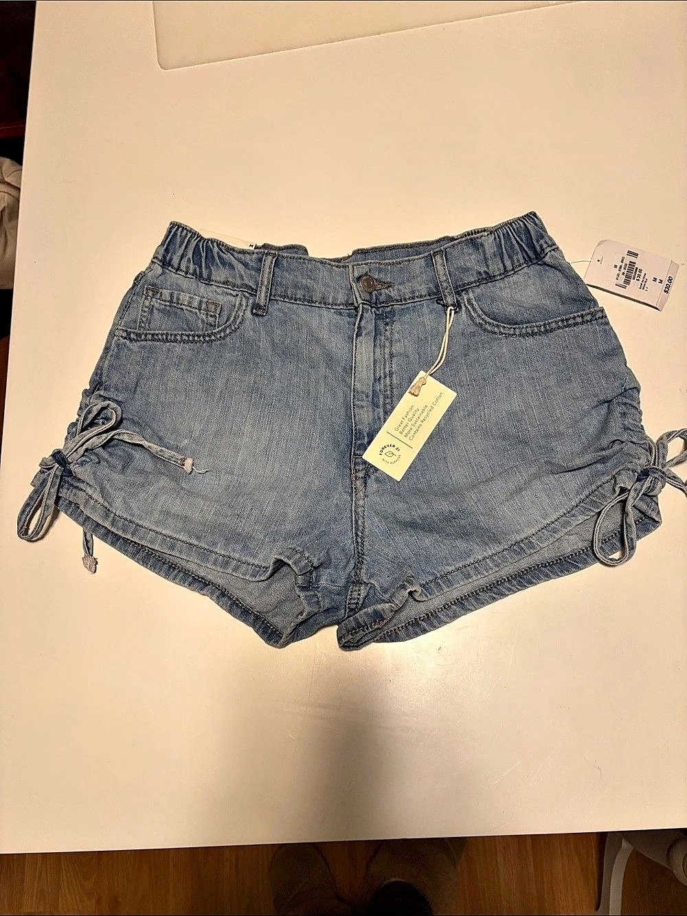 Forever 21 Premium Denim Shorts -Light Wash Ruched Tie Sides- Adjustable- Size